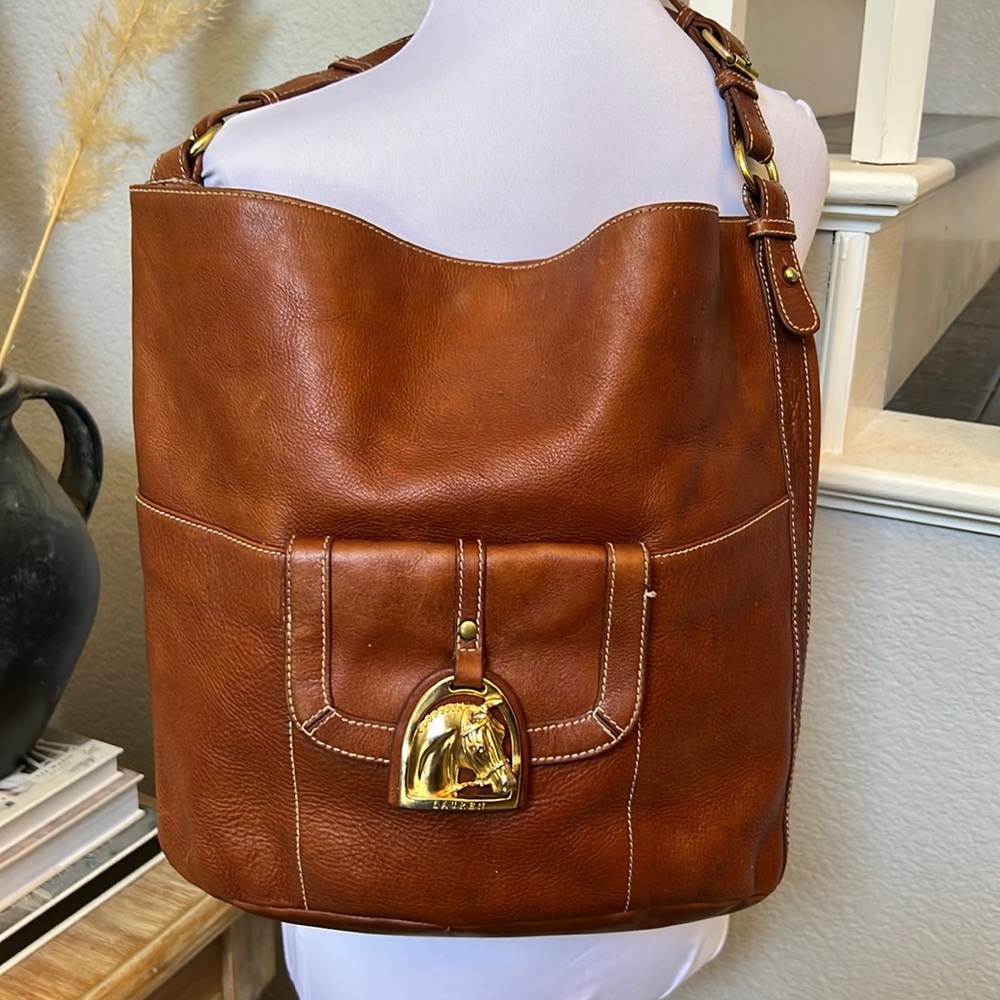 Ralph Lauren Vintage Western Style Horse Emblem Leather Tote Shoulder Bag - Picture 2 of 13
